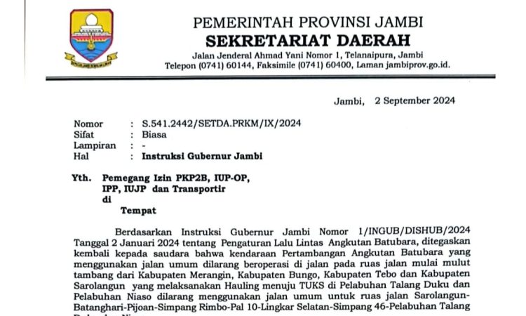 Pemprov Jambi Tegaskan Pelarangan Mobilitas Truk Batubara, Pelanggar Akan Ditindak Tegas